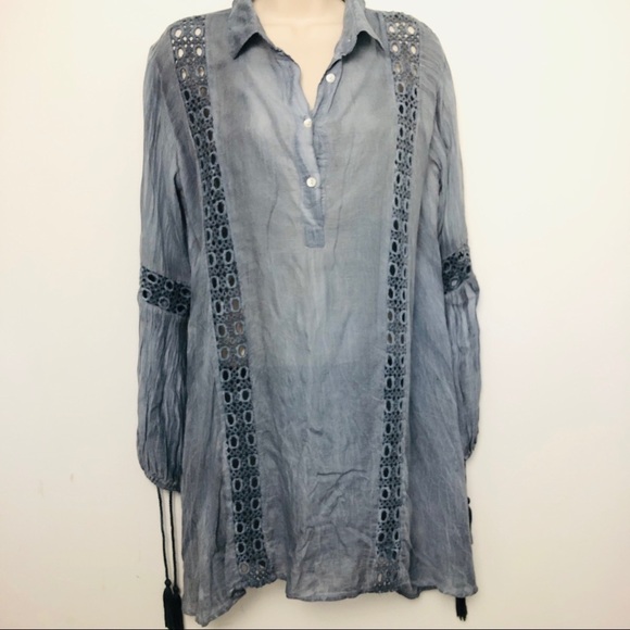 En Creme Blue Tunic Top Crochet Trim Long Sleeve Small Boho‎ Blouse - Picture 9 of 9